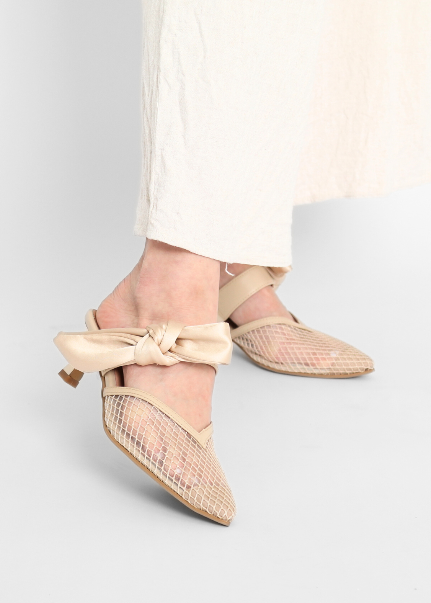 Side Bow Mule Beige Women's Shoes Heels All Black