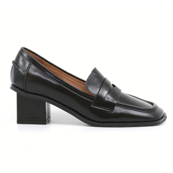 Women's block heel angle loafer princess black leather by ALL BLACK