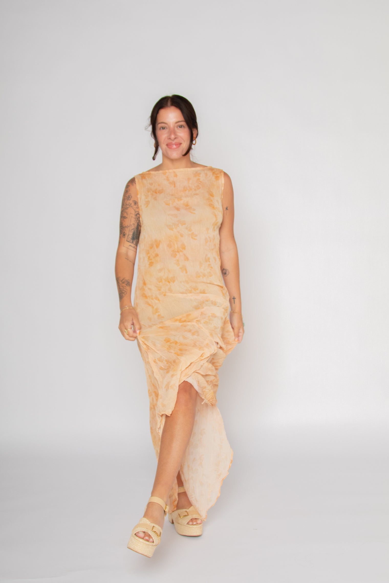 Sheer Crinkled Hanky Hem Dress Floral Shadows Print Women's Dresses Esthé