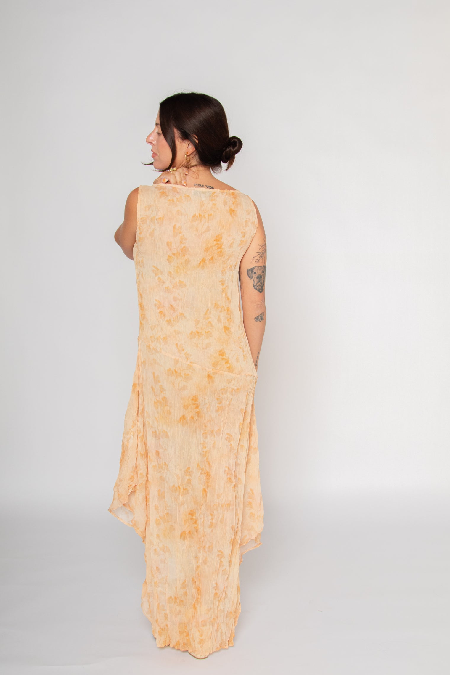 Sheer Crinkled Hanky Hem Dress Floral Shadows Print Women's Dresses Esthé