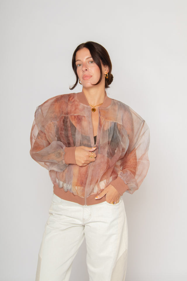 Printed Organza Bomber Jacket Pink Sunset Ombre Women's Tops Esthé