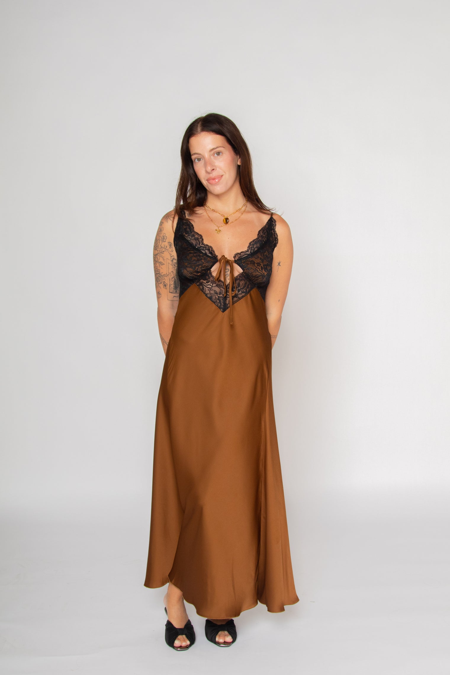 Lace Satin Slip Dress Brown Women's Dresses Esthé