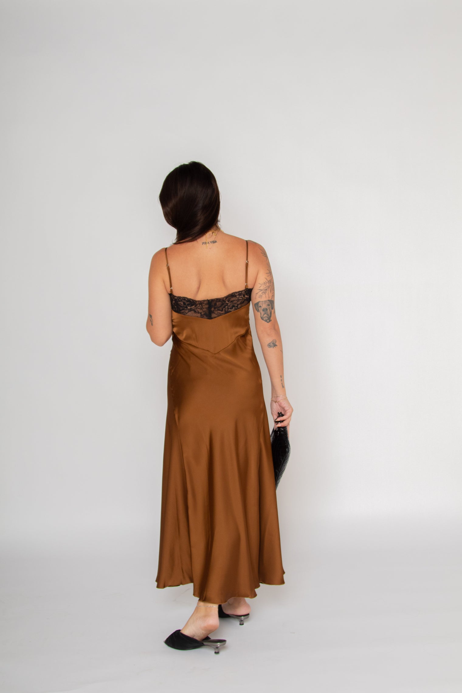 Lace Satin Slip Dress Brown Women's Dresses Esthé