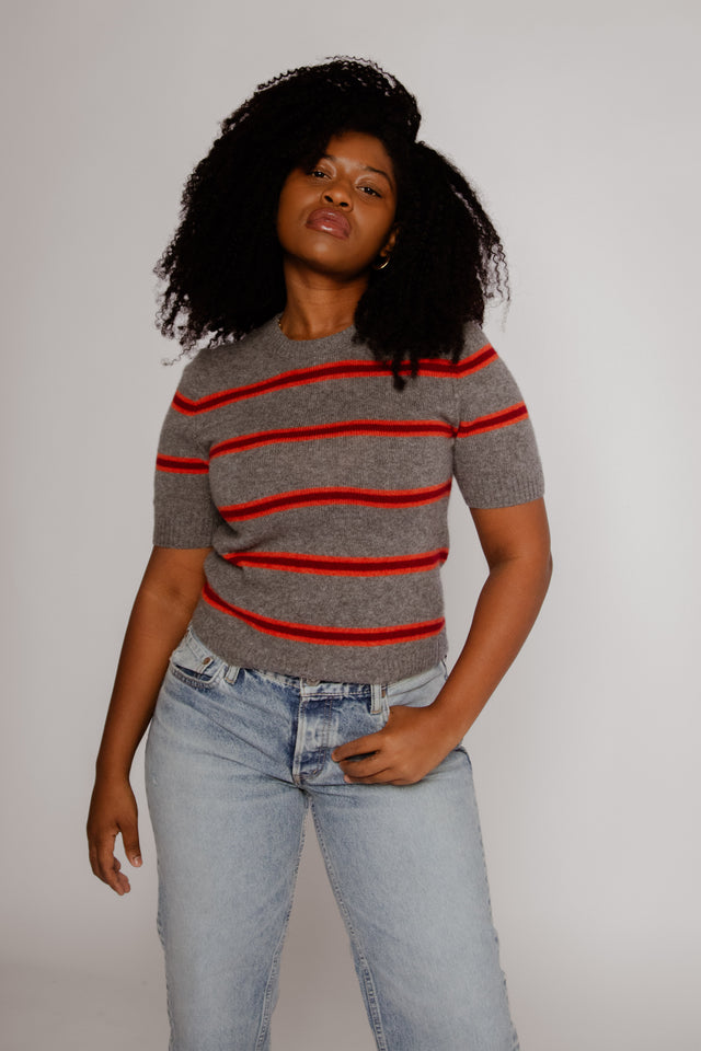 Nara Cashmere Tee Currant Stripe Women's Tops One Grey Day