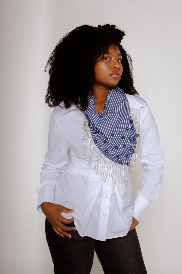 Stripe Embellished Scarf Ink Blue Gifts + Accessories Theo