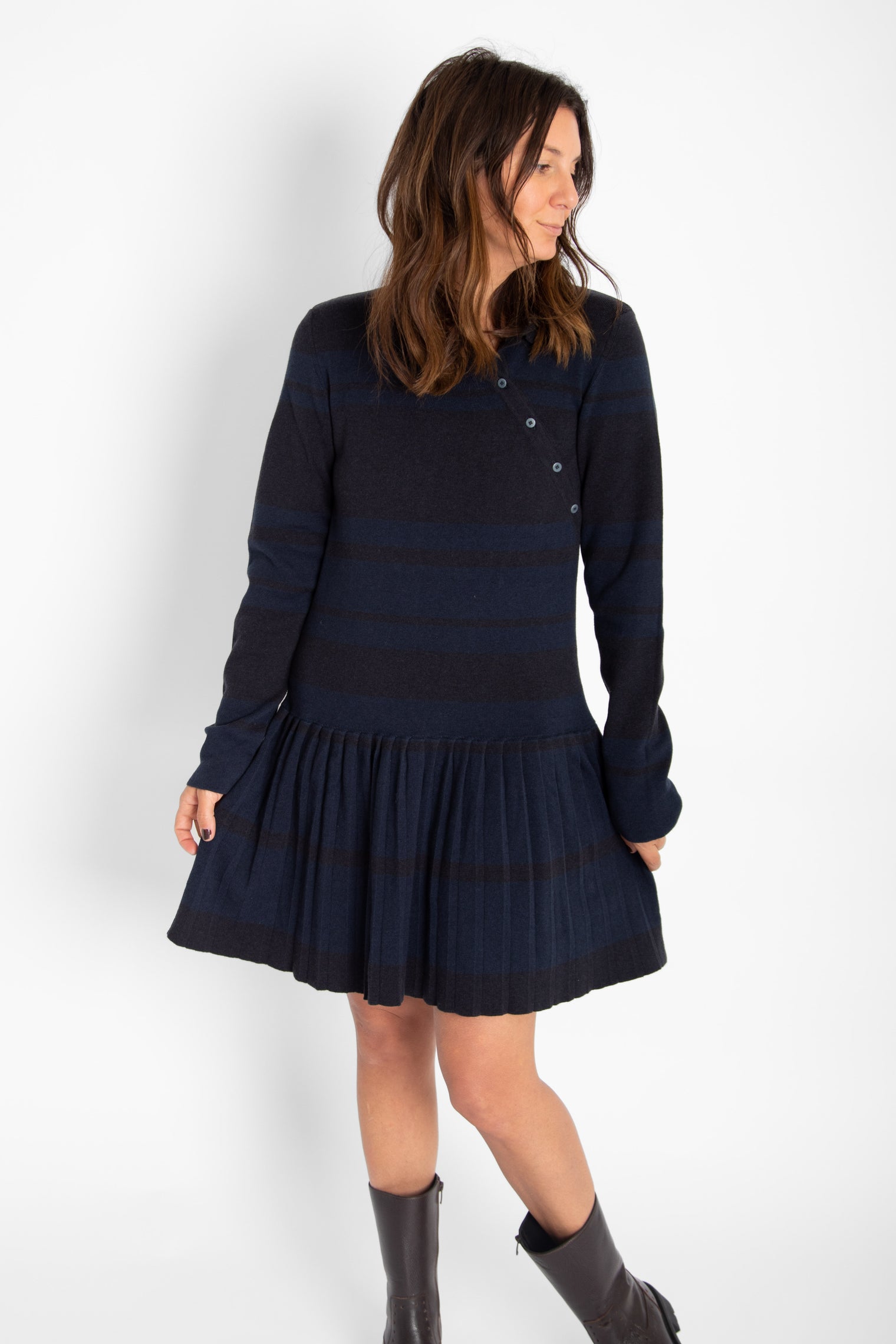 Dark Stripes Tashi Knitted Dress Black Women's Dresses Thinking Mu