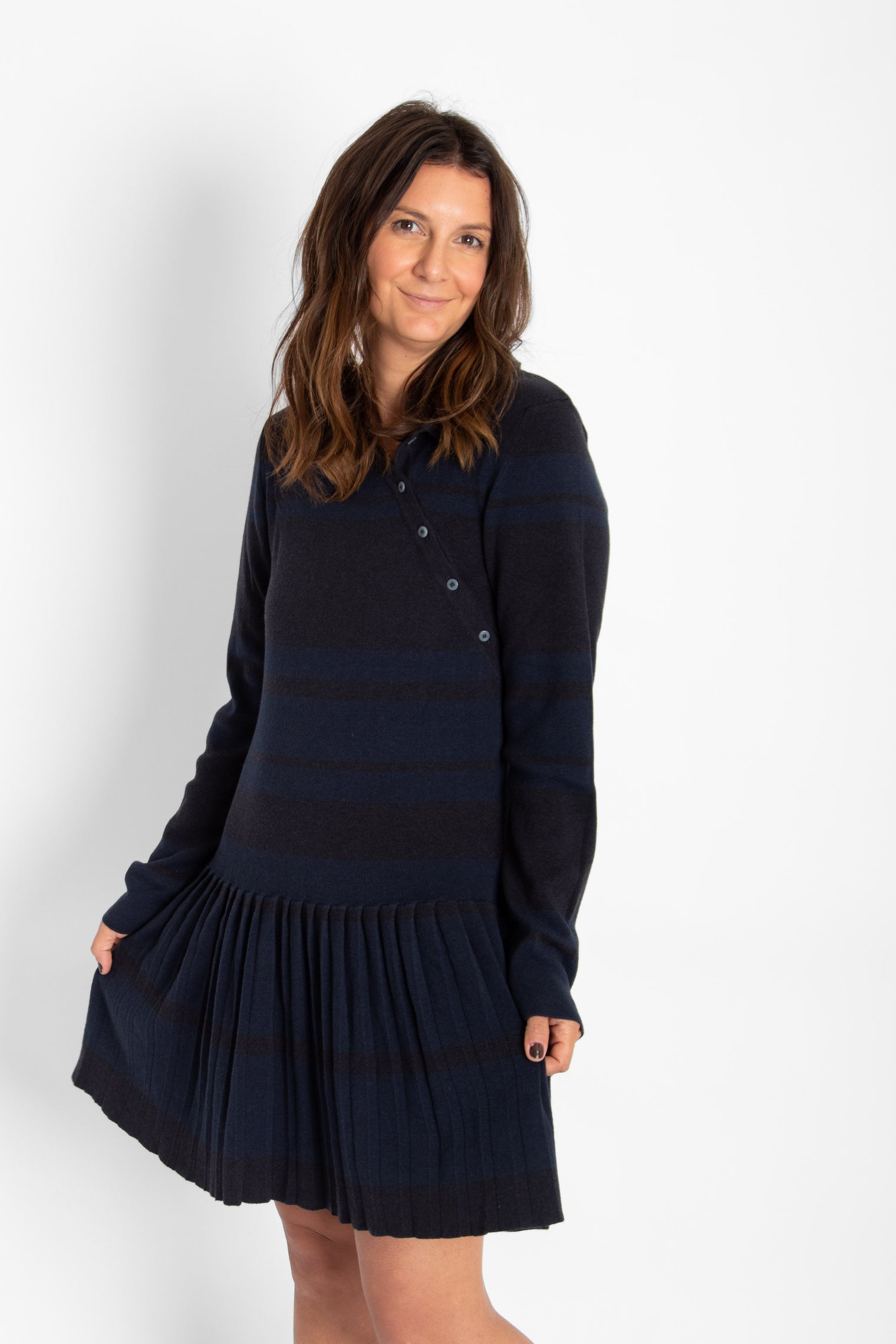 Dark Stripes Tashi Knitted Dress Black Women's Dresses Thinking Mu