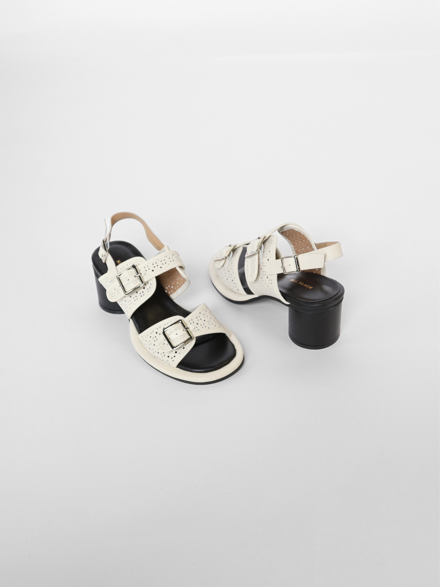 Triple Buckle Lady White Women's Sandals Heels All Black