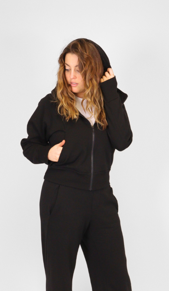 Zip-Up Hoodie Black Women's Tops MILA