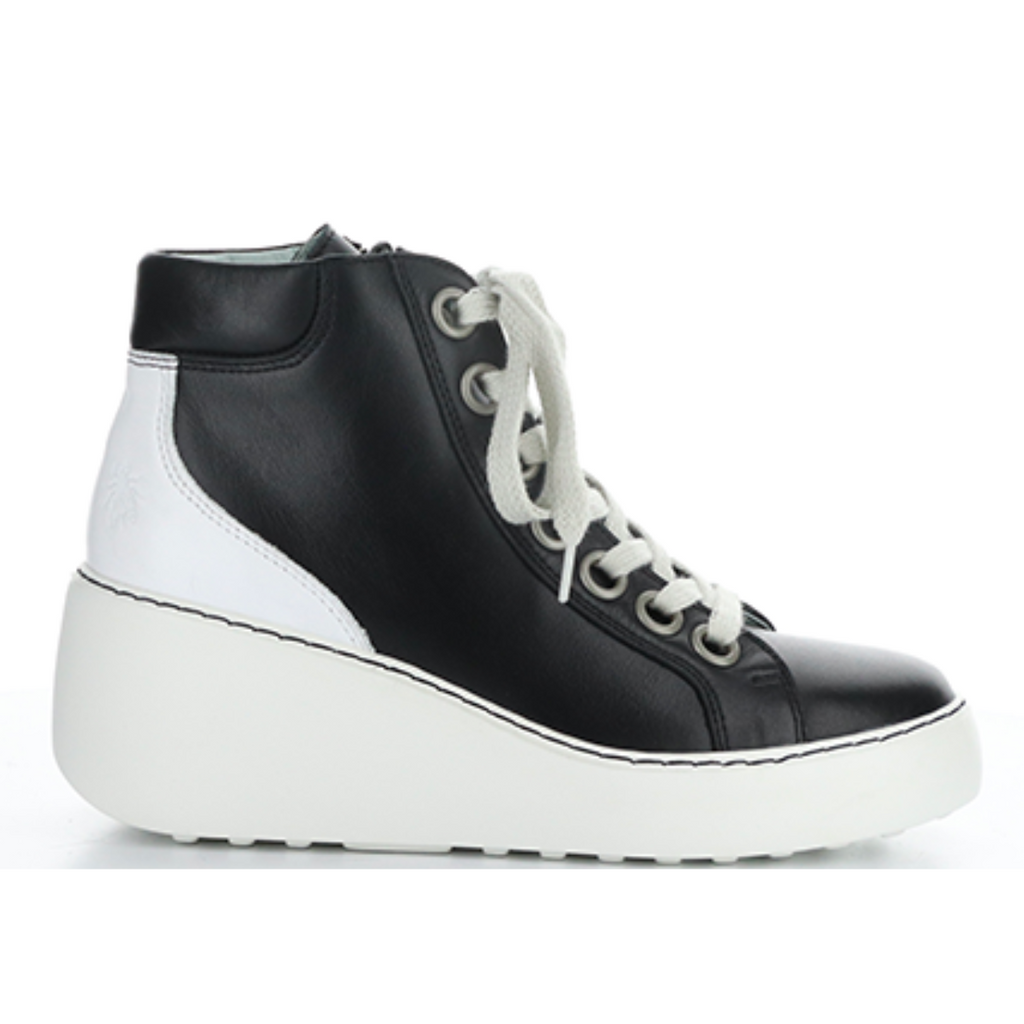 Women's leather high top lace up wedge sneaker DICE BLACK by Fly London