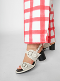 Triple Buckle Lady White Women's Sandals Heels All Black