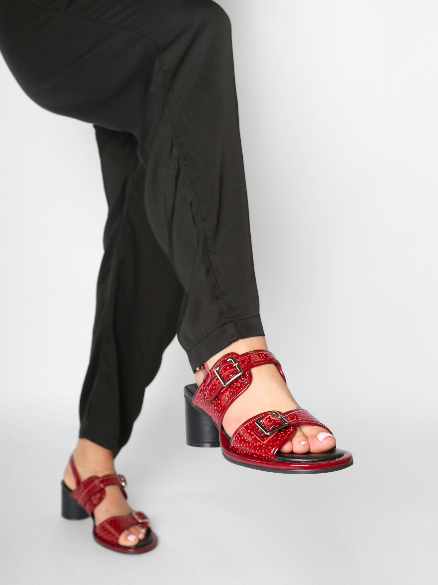 Triple Buckle Lady Red Women's Sandals Heels All Black