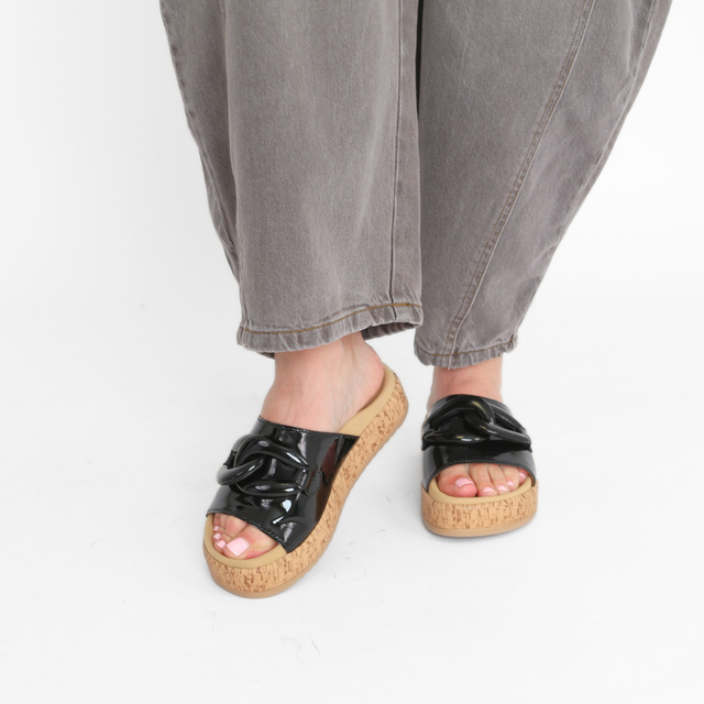 Luxe Link Slide Black Patent Women's Sandals Gabor