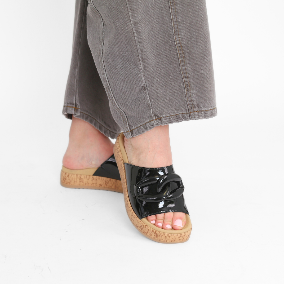 Luxe Link Slide Black Patent Women's Sandals Gabor