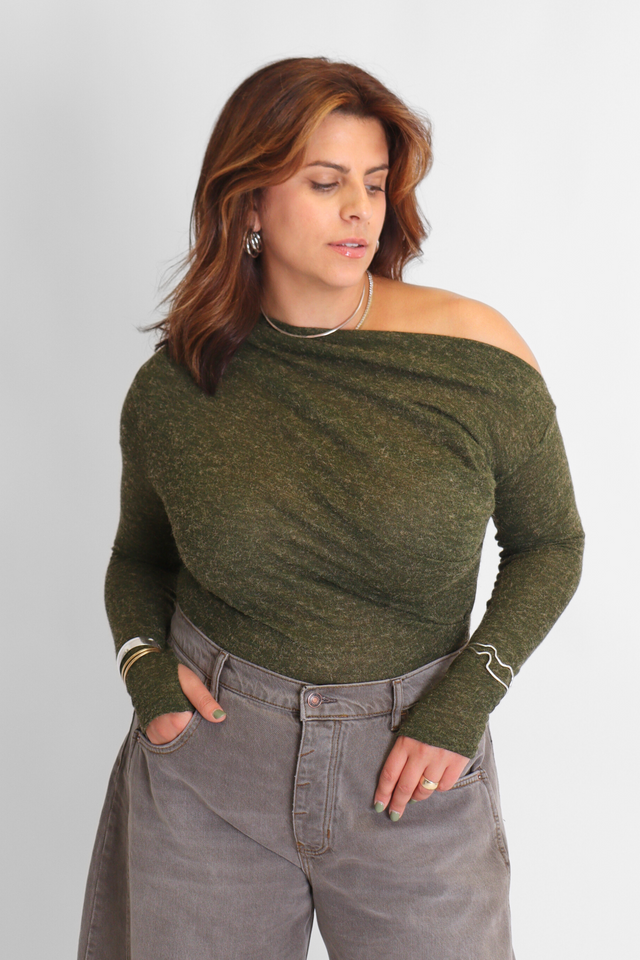 Drape Bodysuit Khaki Green Women's Tops Cossac