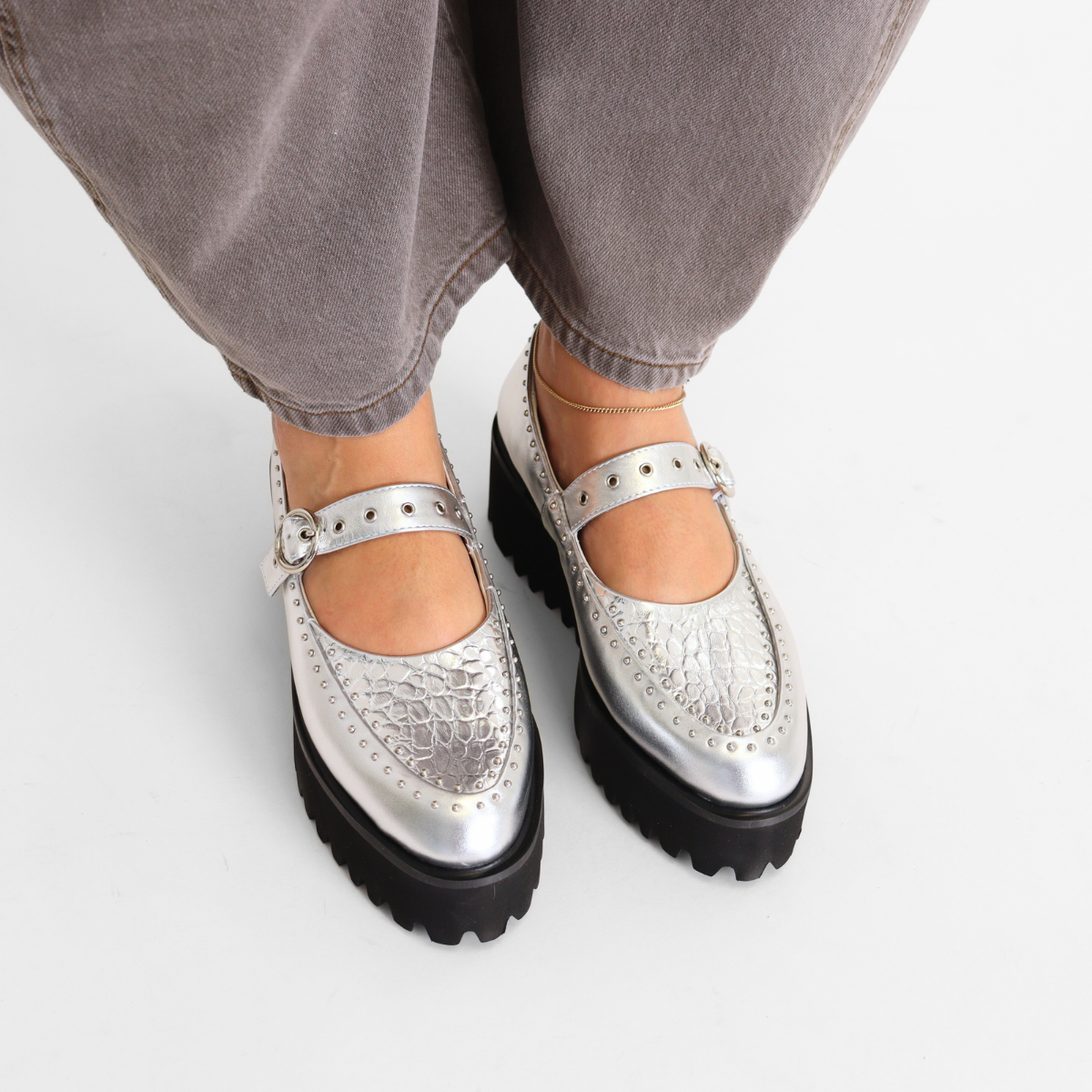 Pin Stud MJ SIlver Women's Shoes Platforms All Black
