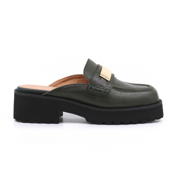 FLAT BUCKLE MULE GREEN Women's Shoes Loafers All Black    