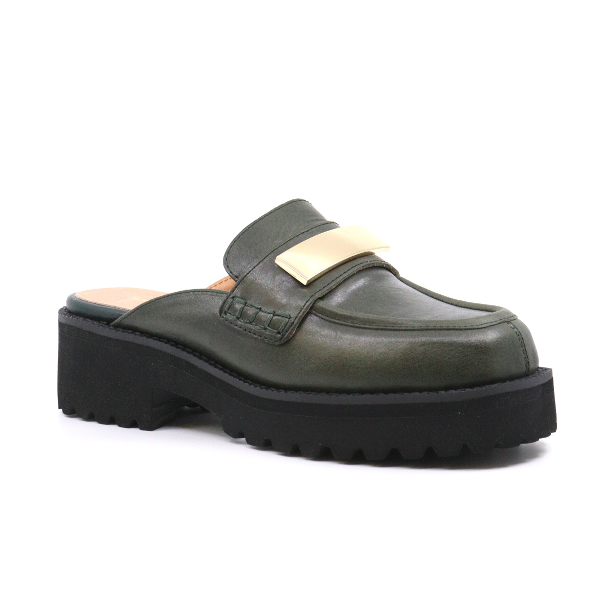 FLAT BUCKLE MULE GREEN Women's Shoes Loafers All Black    