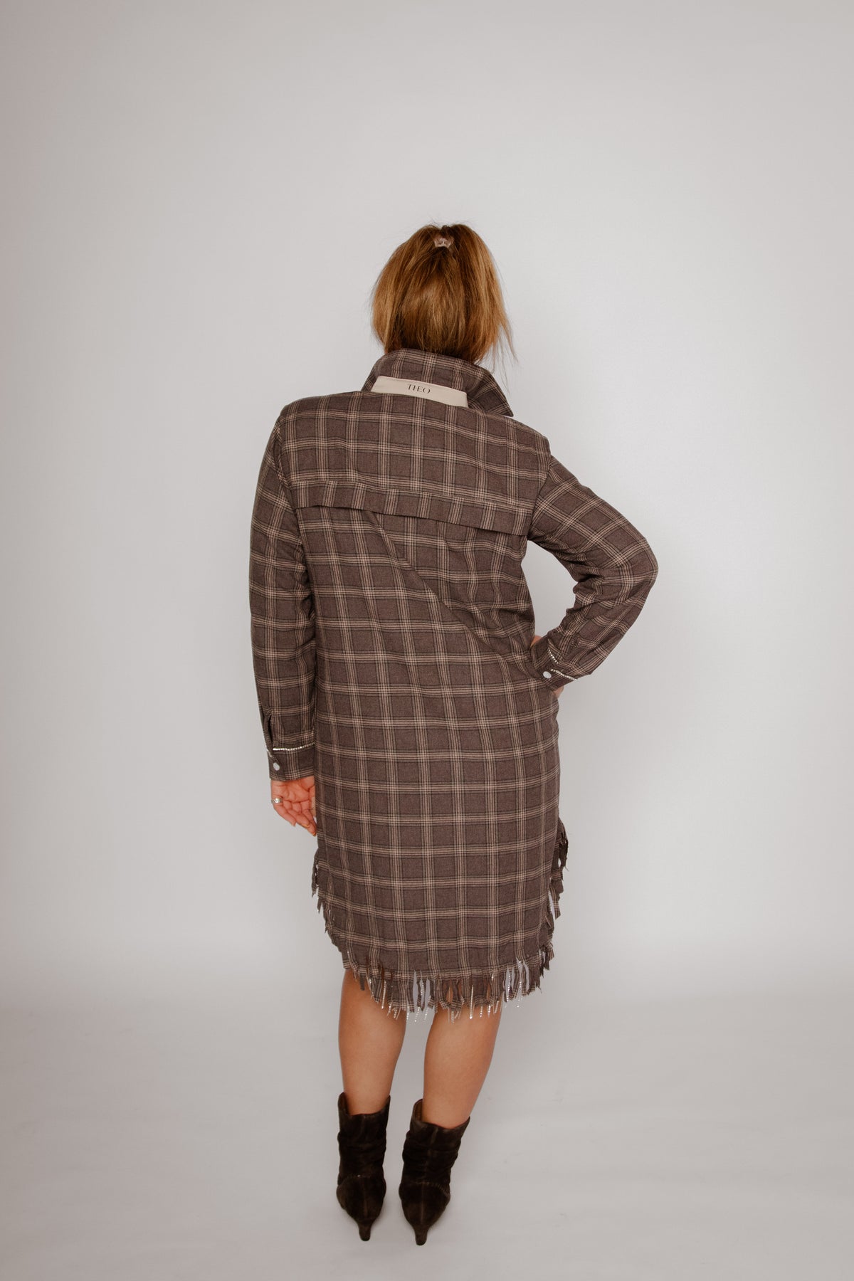 Plaid Flannel Crystal Fringe Shirtdress Huckleberry Women's Dresses Theo