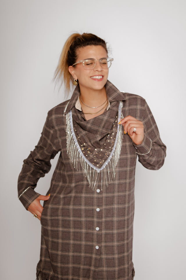 Plaid Flannel Crystal Fringe Shirtdress Huckleberry Women's Dresses Theo