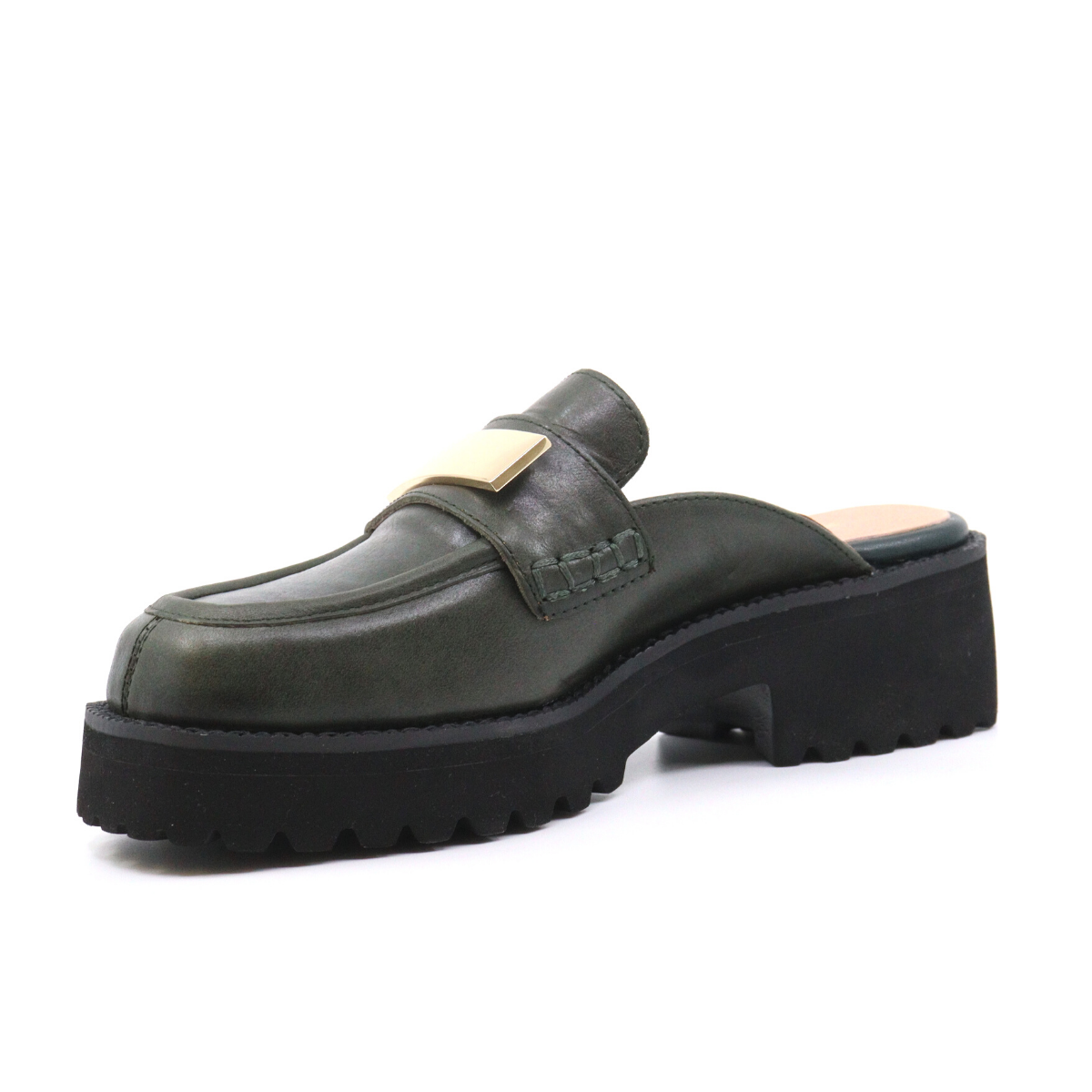 FLAT BUCKLE MULE GREEN Women's Shoes Loafers All Black    