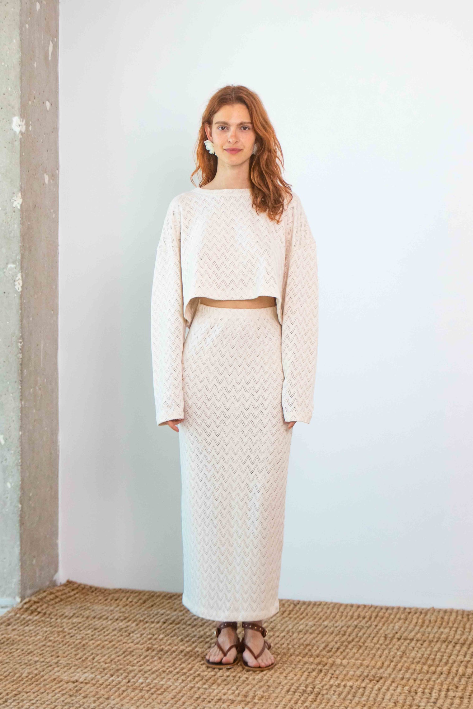 Long Sleeve Crochet Top Ecru Women's Tops Cossac