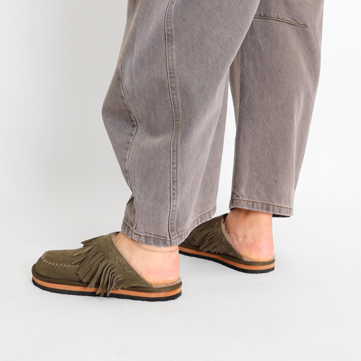 Fallon Fringe Mule Military Olive Suede Women's Shoes Free People
