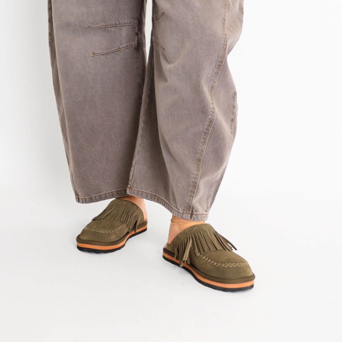 Fallon Fringe Mule Military Olive Suede Women's Shoes Free People