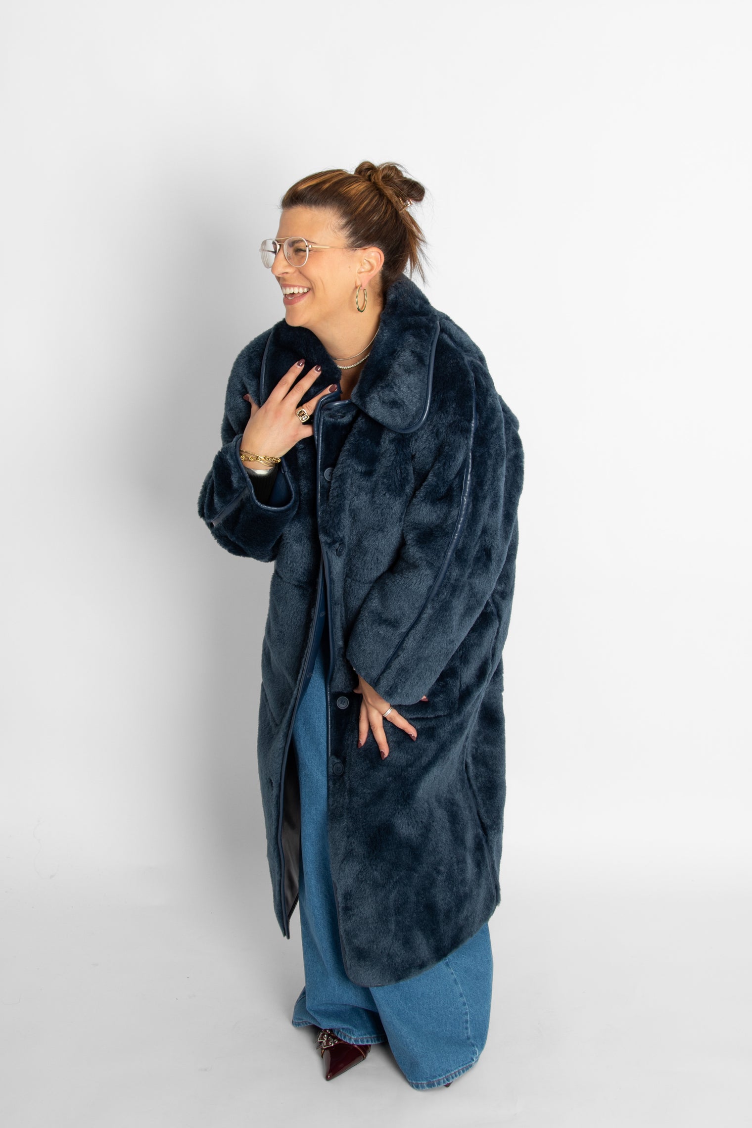 Faux Fur Long Coat Navy
