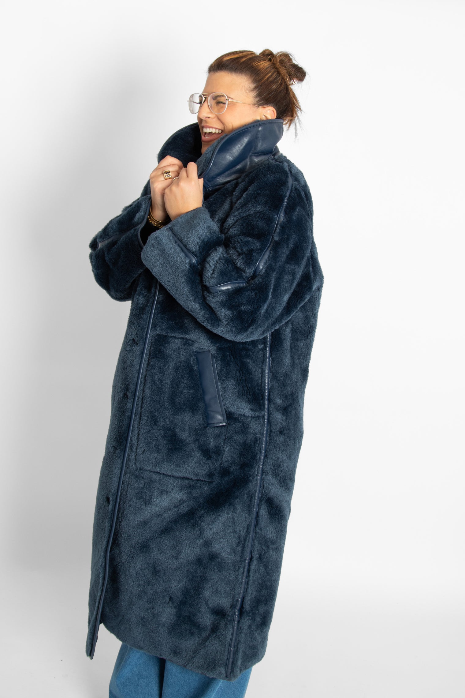 Faux Fur Long Coat Navy