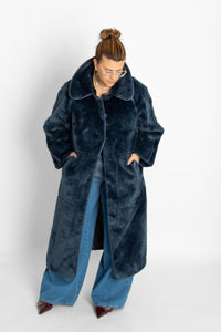 Faux Fur Long Coat Navy