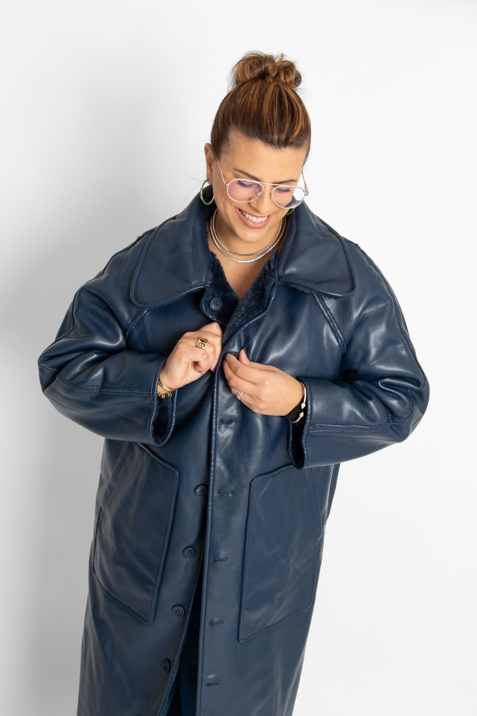 Faux Fur Long Coat Navy