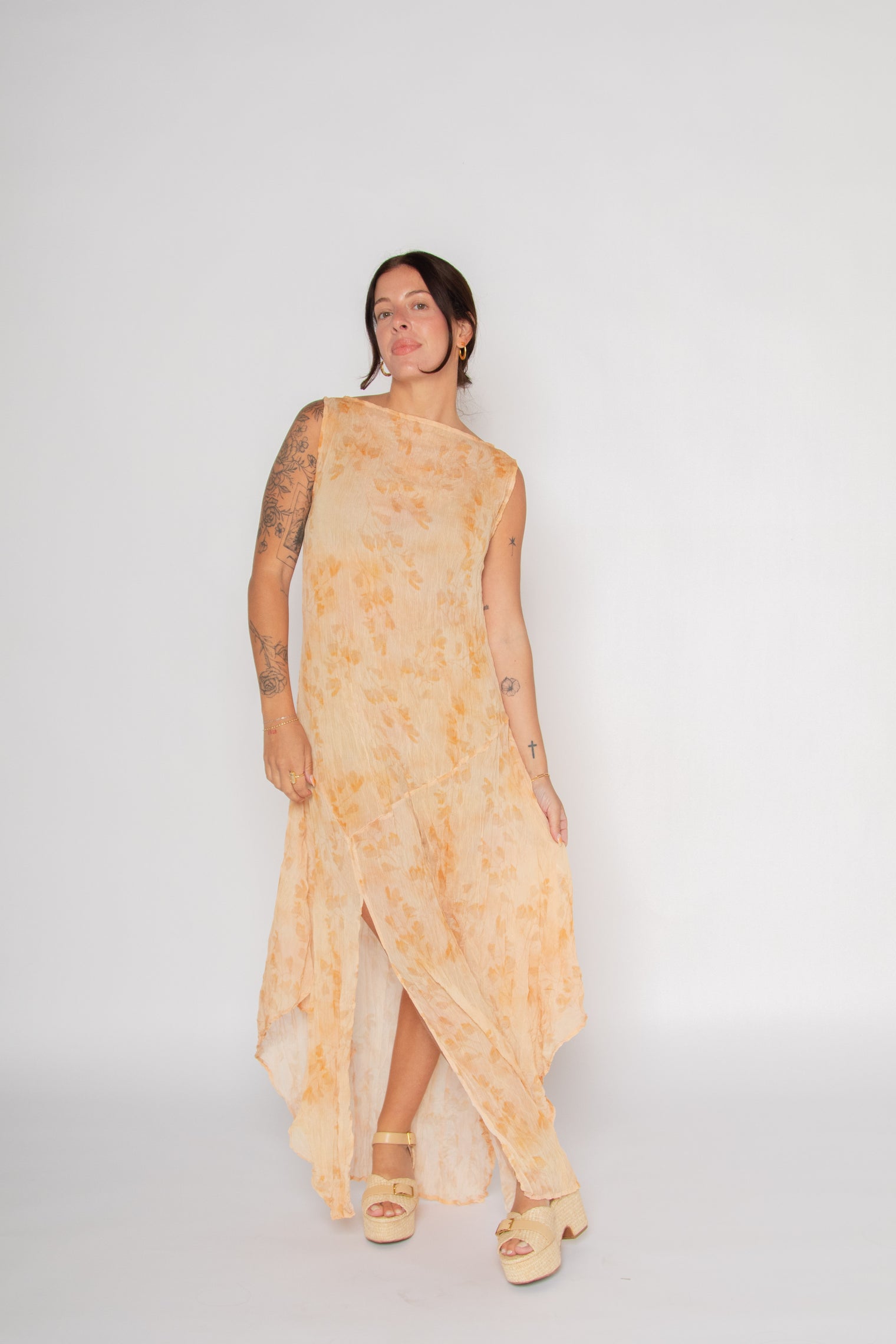 Sheer Crinkled Hanky Hem Dress Floral Shadows Print