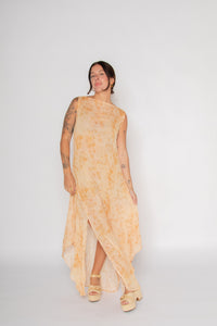 Sheer Crinkled Hanky Hem Dress Floral Shadows Print