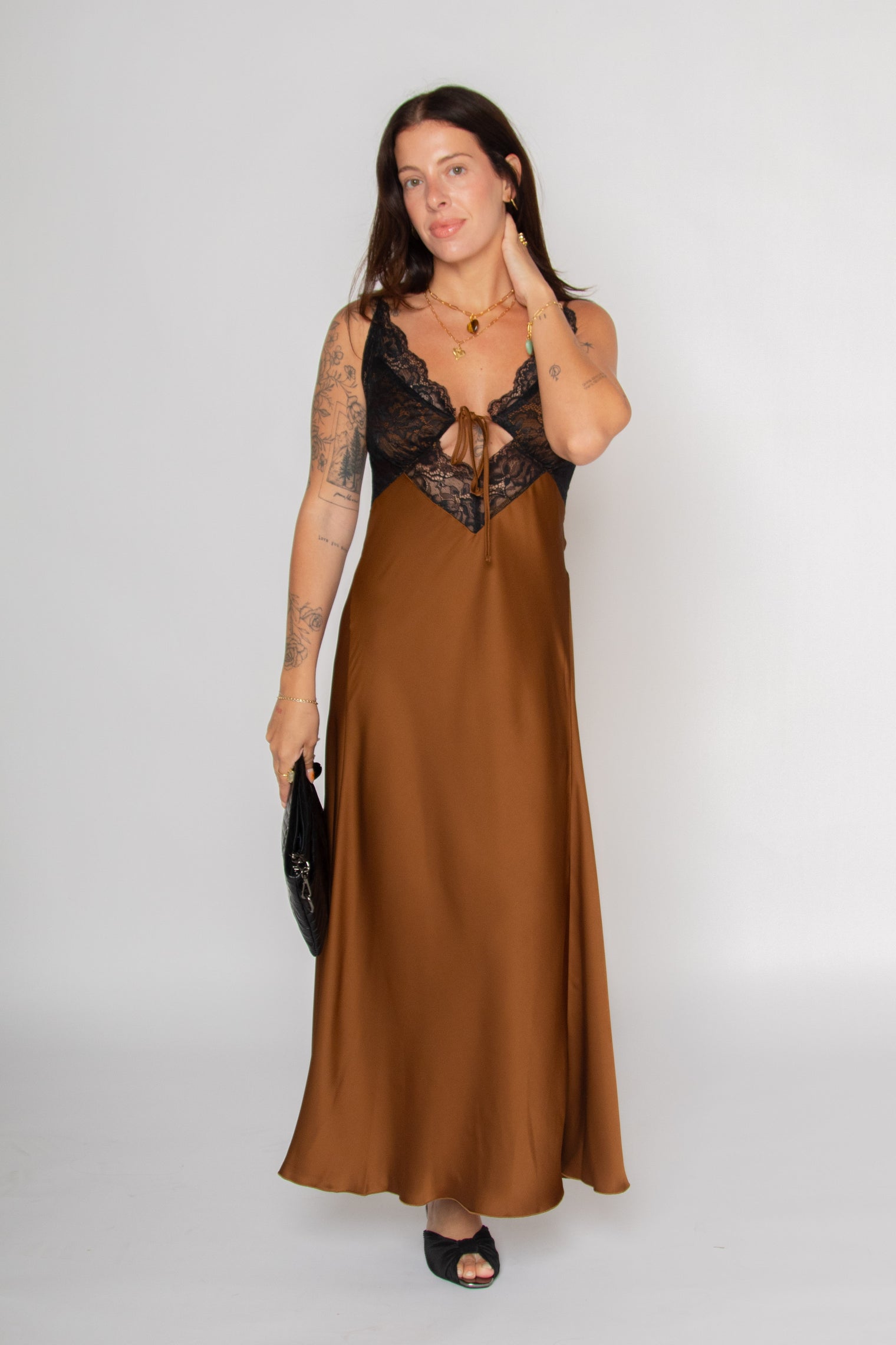 Lace Satin Slip Dress Brown Women's Dresses Esthé