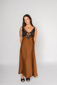 Lace Satin Slip Dress Brown Women's Dresses Esthé