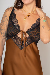 Lace Satin Slip Dress Brown Women's Dresses Esthé