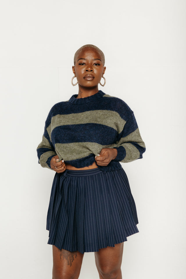 Oversized Striped Sweater Navy Khaki Women's Tops The Tiny Big Sister