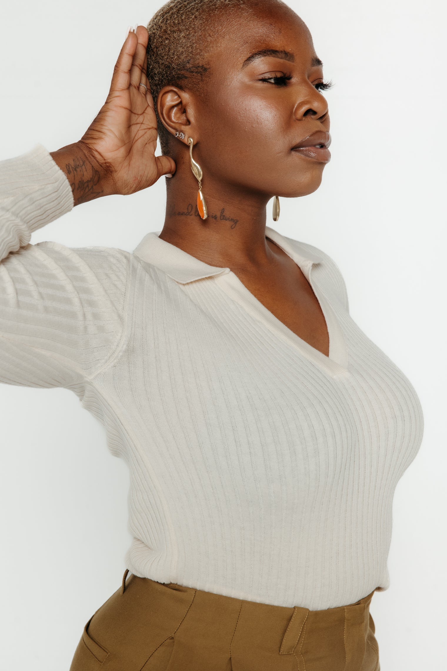 Ariza Ribbed Long Sleeve Cream Women's Tops SKFK