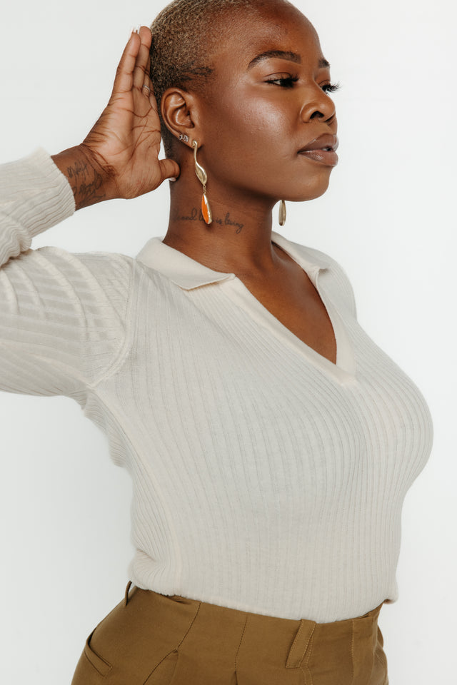 Ariza Ribbed Long Sleeve Cream Women's Tops SKFK