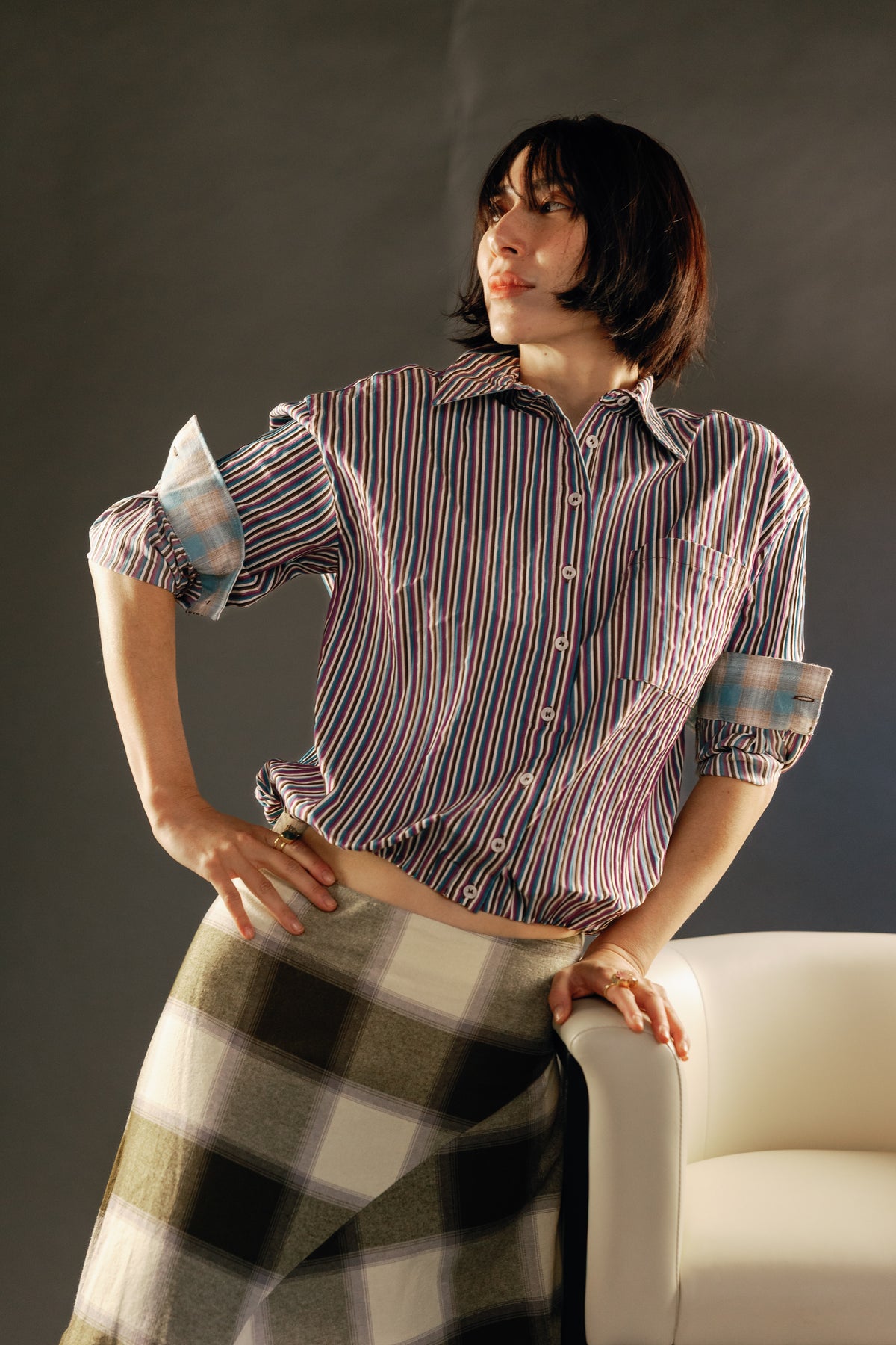 Multi Stripe Blousant Shirt Mix Teal Women's Tops Theo