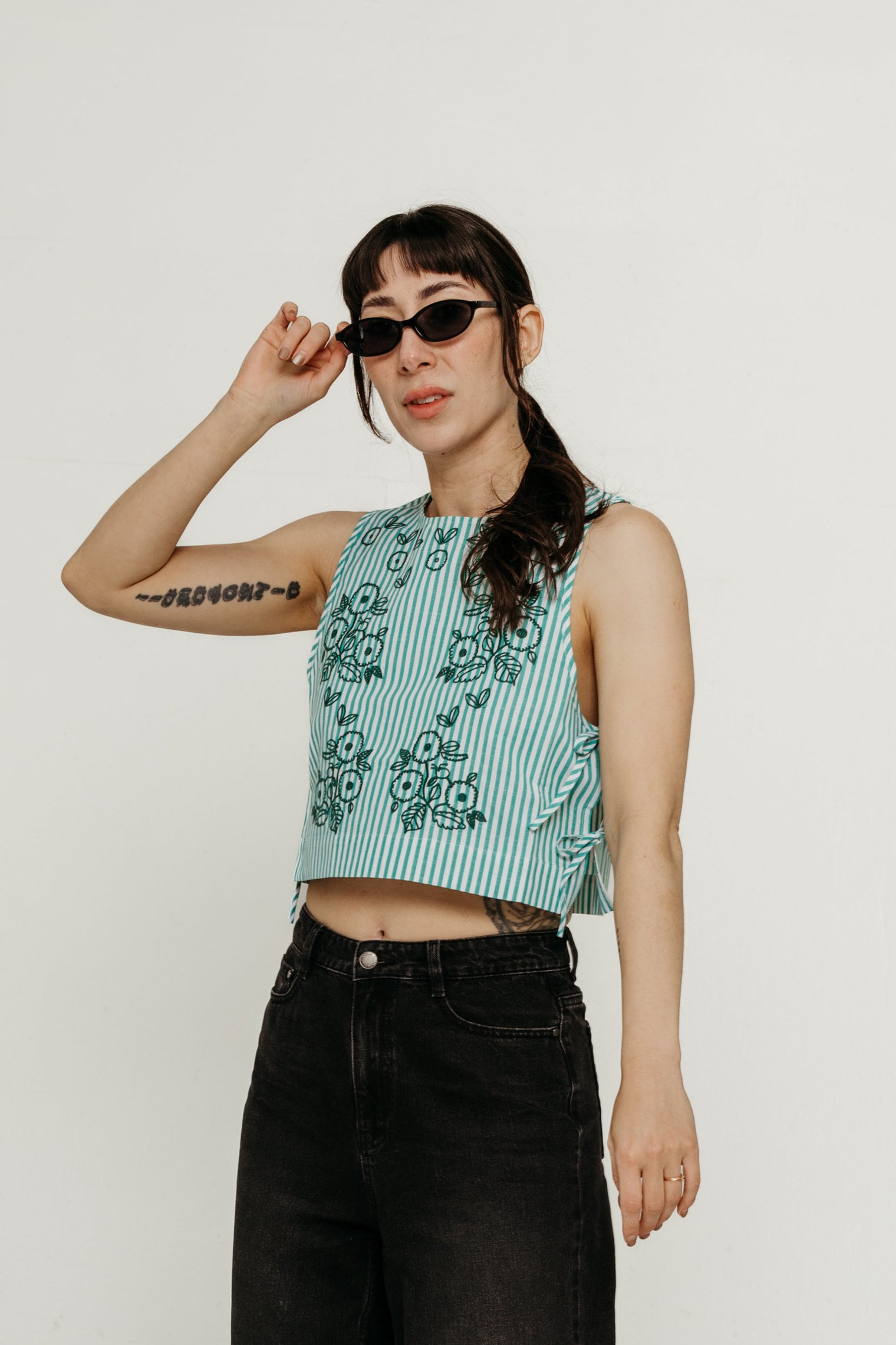 Striped Embroidered Top Off-White/Emerald Women's Tops The Tiny Big Sister