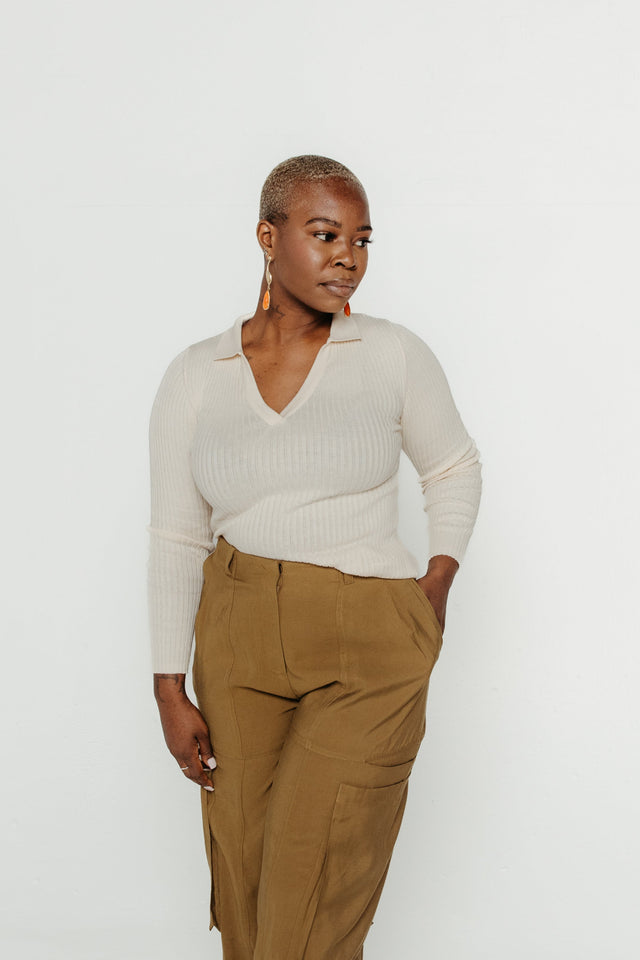 Ariza Ribbed Long Sleeve Cream Women's Tops SKFK