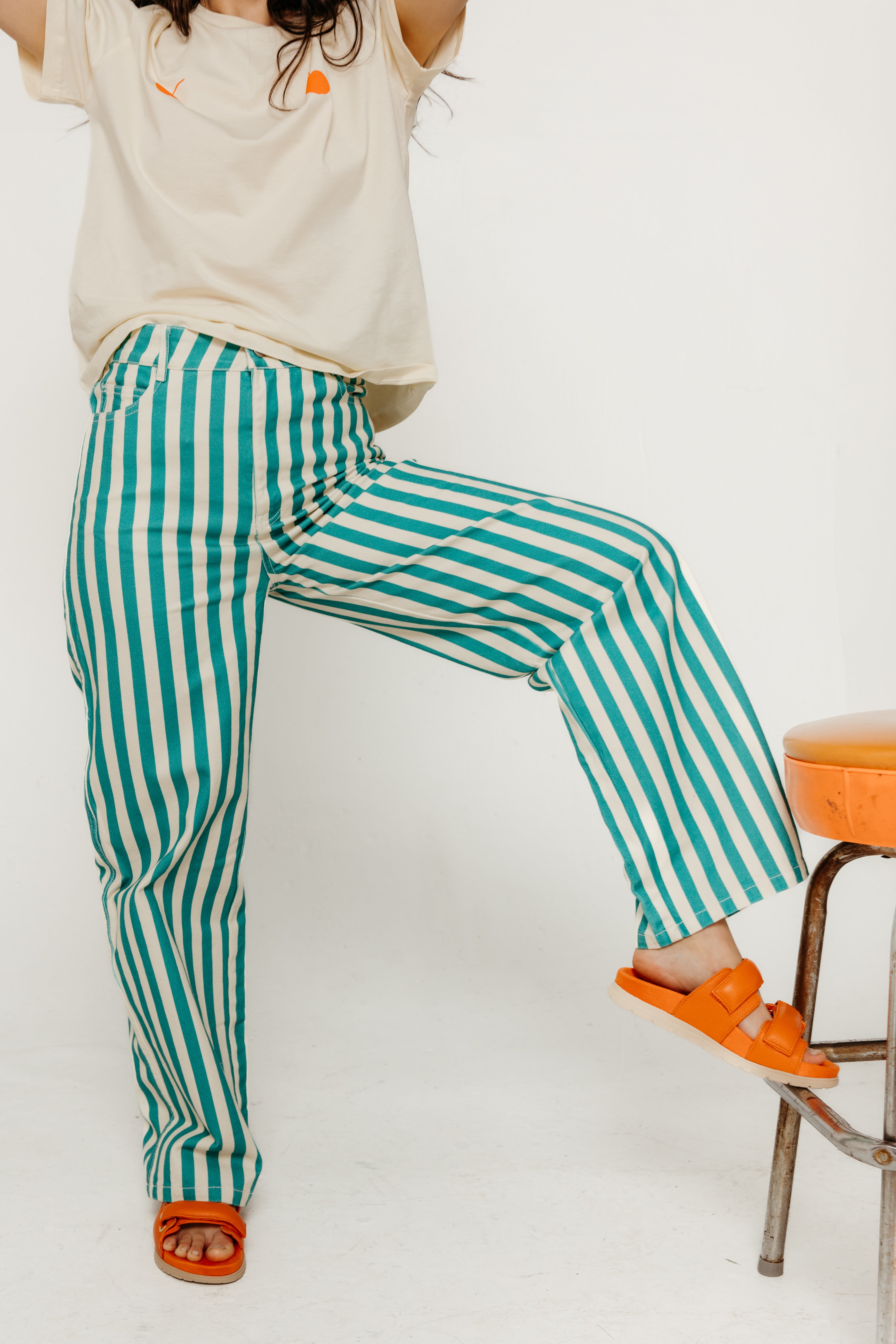 tinycottons わんわんデニム　3Y Striped Berta Long Denim Off-White/Emerald – The Sōl Collective