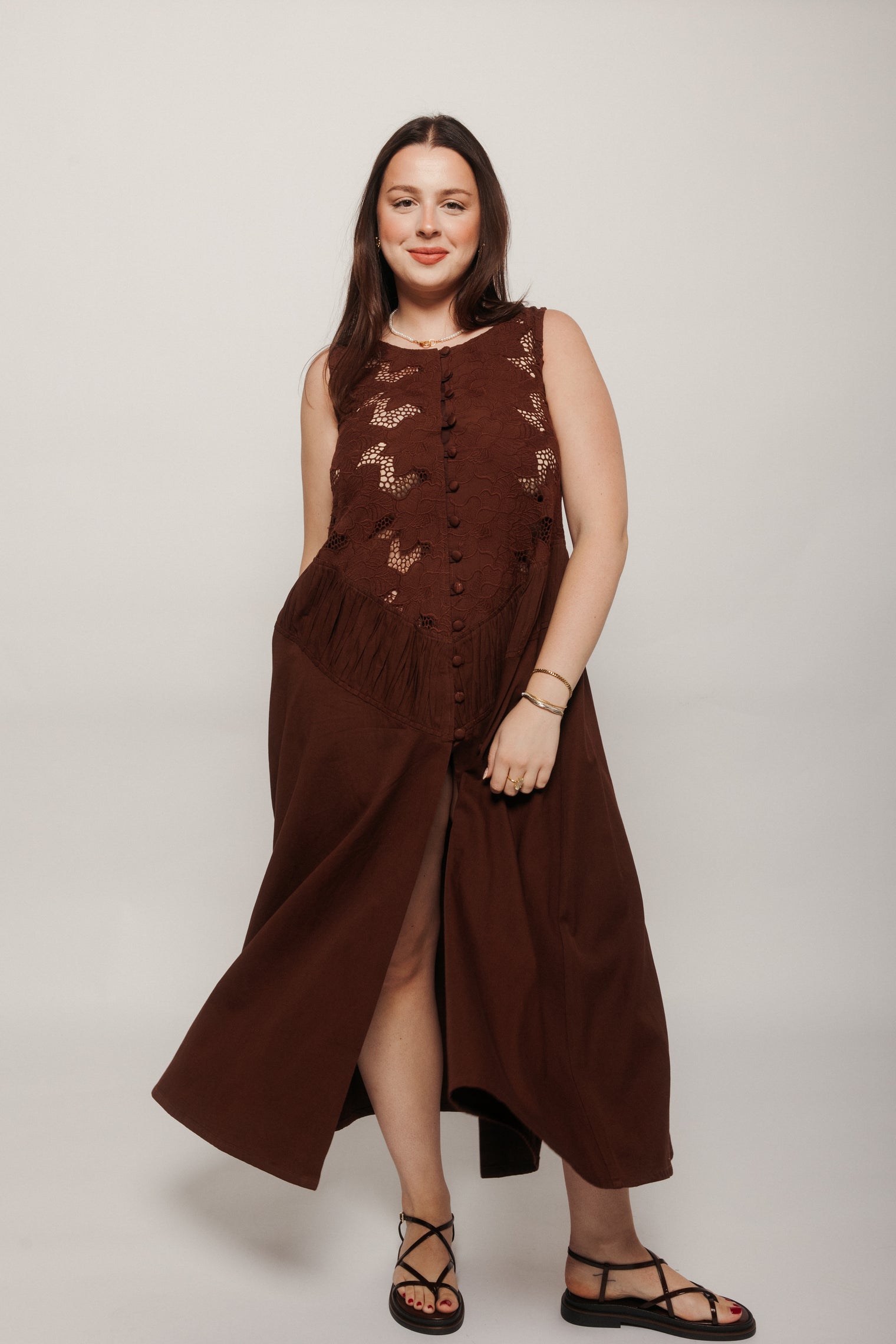 Sally Cutwork Maxi Dress Brown Women's Dresses Tach Clothing