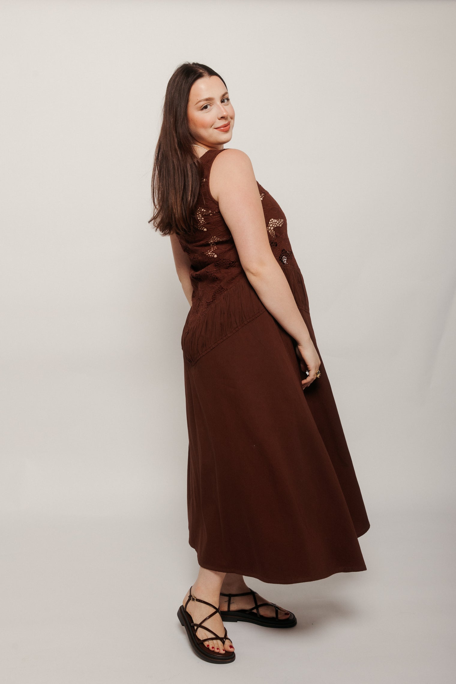 Sally Cutwork Maxi Dress Brown Women's Dresses Tach Clothing