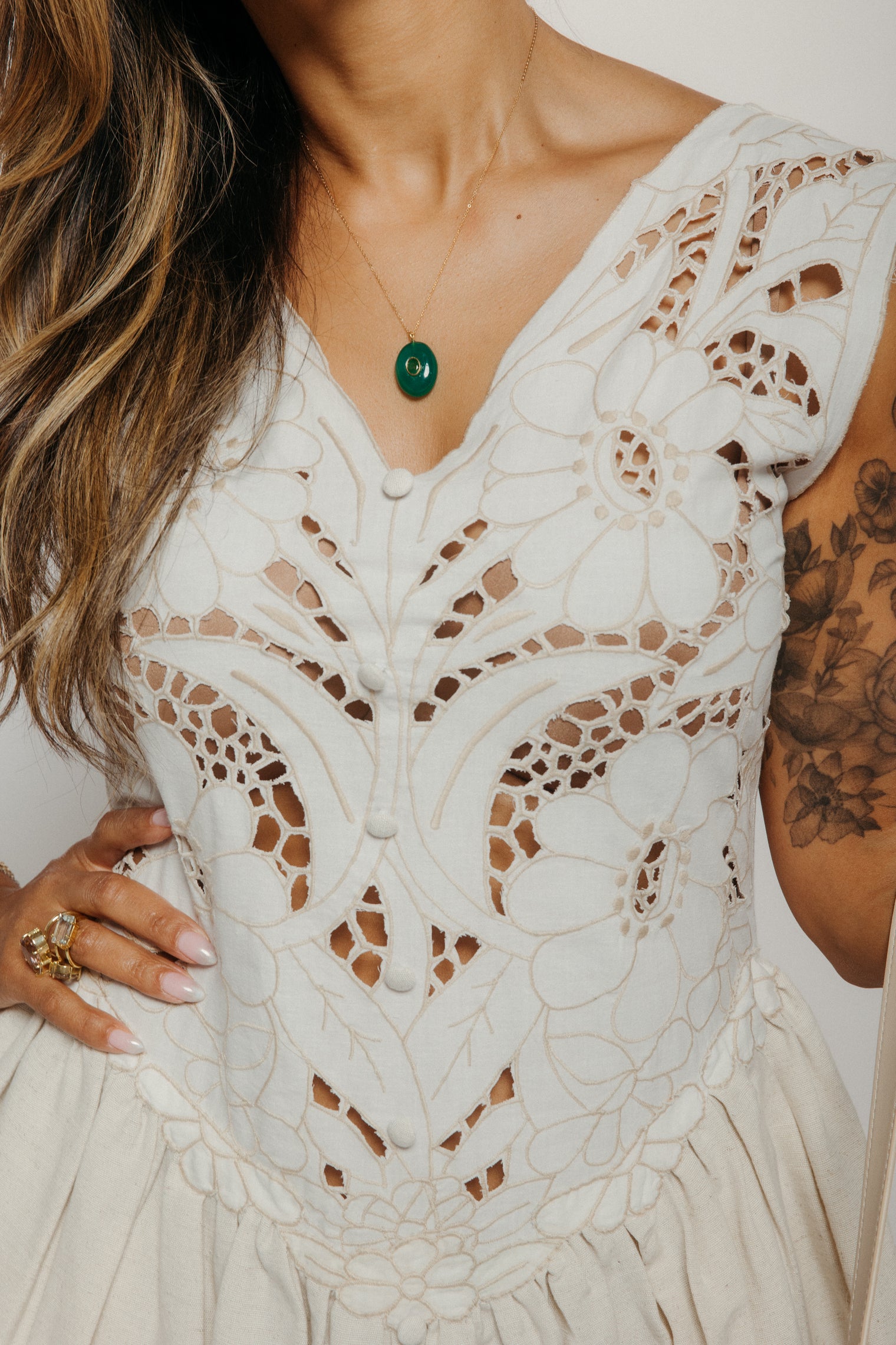 Tach Clothing | Sienna Mini Cutwork Embroidery Dress Beige M