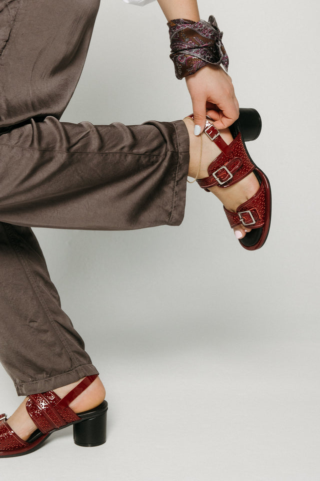 Triple Buckle Lady Red Women's Sandals Heels All Black