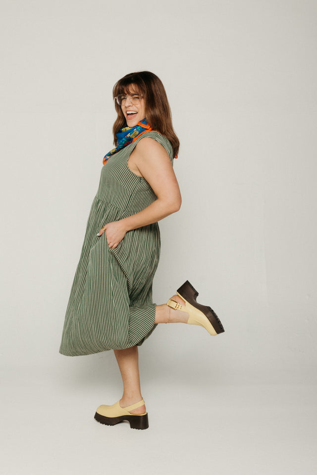 Elaine Midi Dress Double Gauze Green Stripe Women's Dresses Bibico