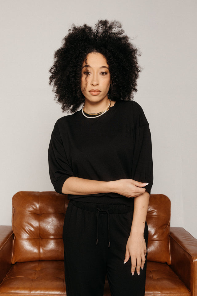 3/4 Sleeve Sweatshirt Black Women's Tops MILA